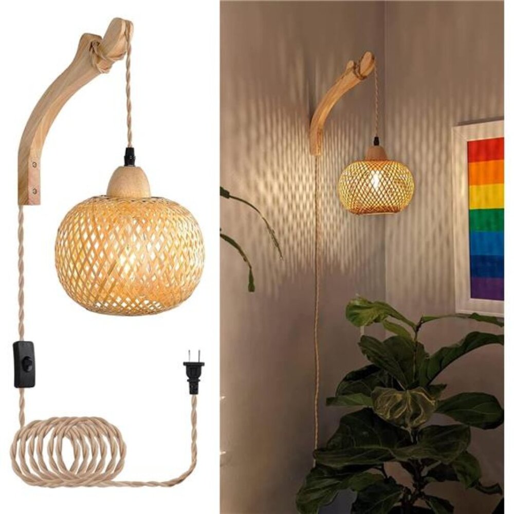 Bamboo Lantern Plug in Wall Sconces Wicker Wall Lamp with Plugin Cord Hand Woven